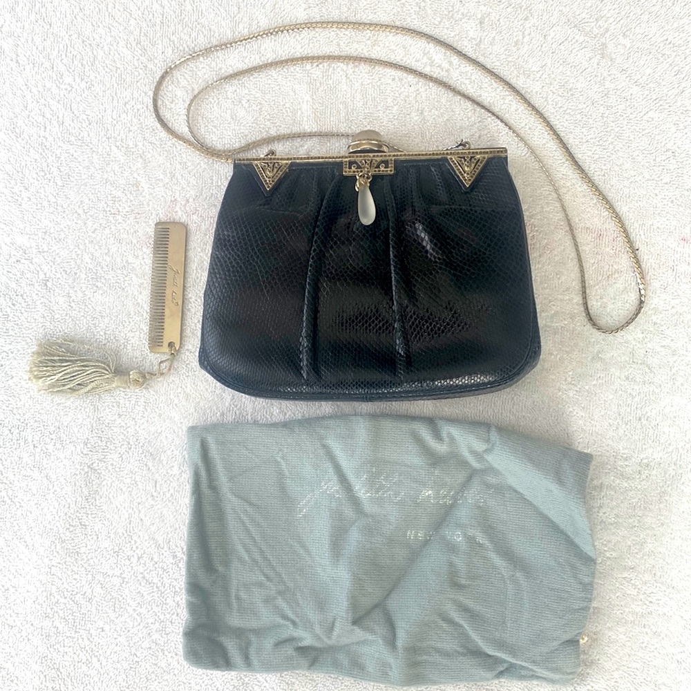 Judith Leiber BLACK ART DECO CLUTCH SWAROVSKI KARUNG WITH SILVER STRAP AND COMB!